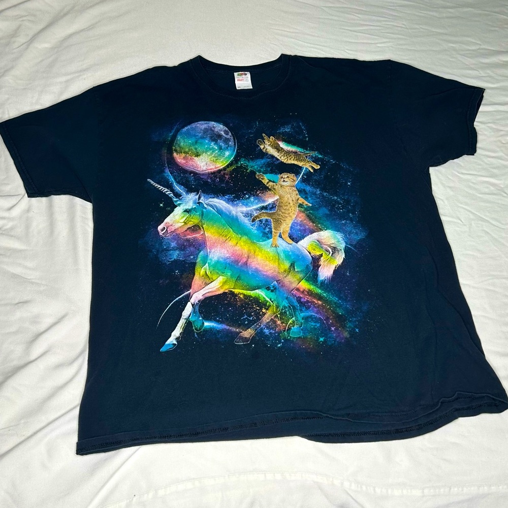 Navy Fruit of the Loom “Space Cats Riding a Unicorn” Tee